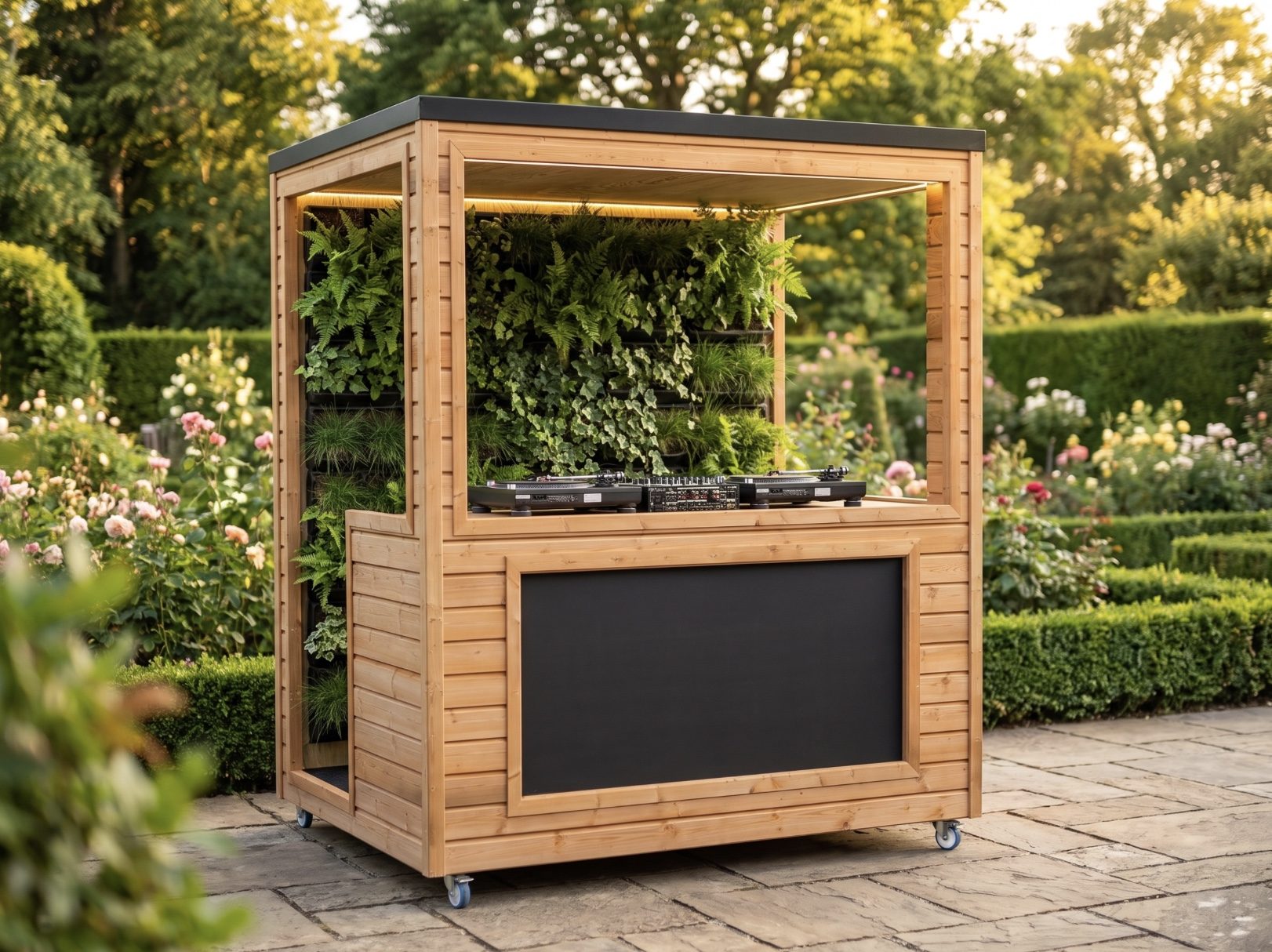 The Greenscape DJ pod with living green wall in a rose garden at golden hour