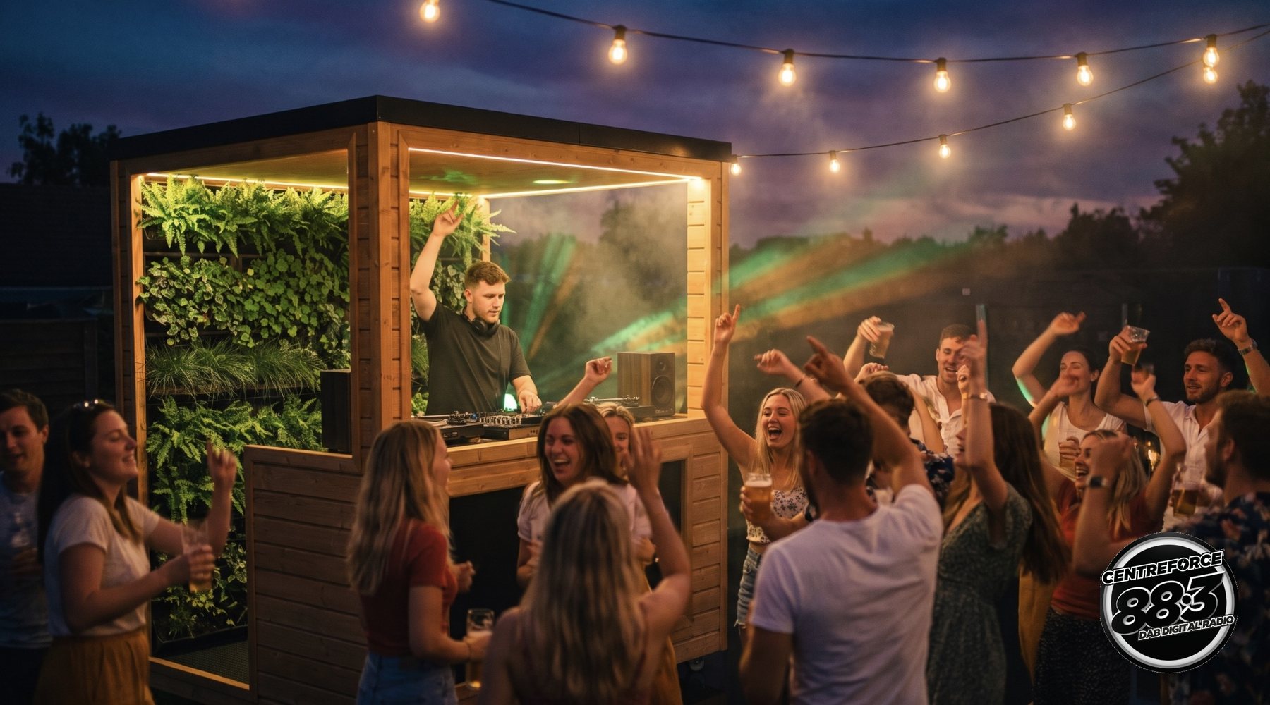 The Greenscape pod with a DJ playing at a garden party under festoon lights