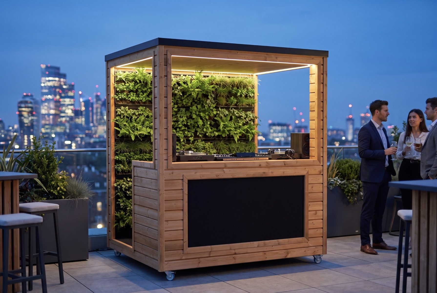 The Greenscape pod on a rooftop bar terrace at blue hour with the London skyline